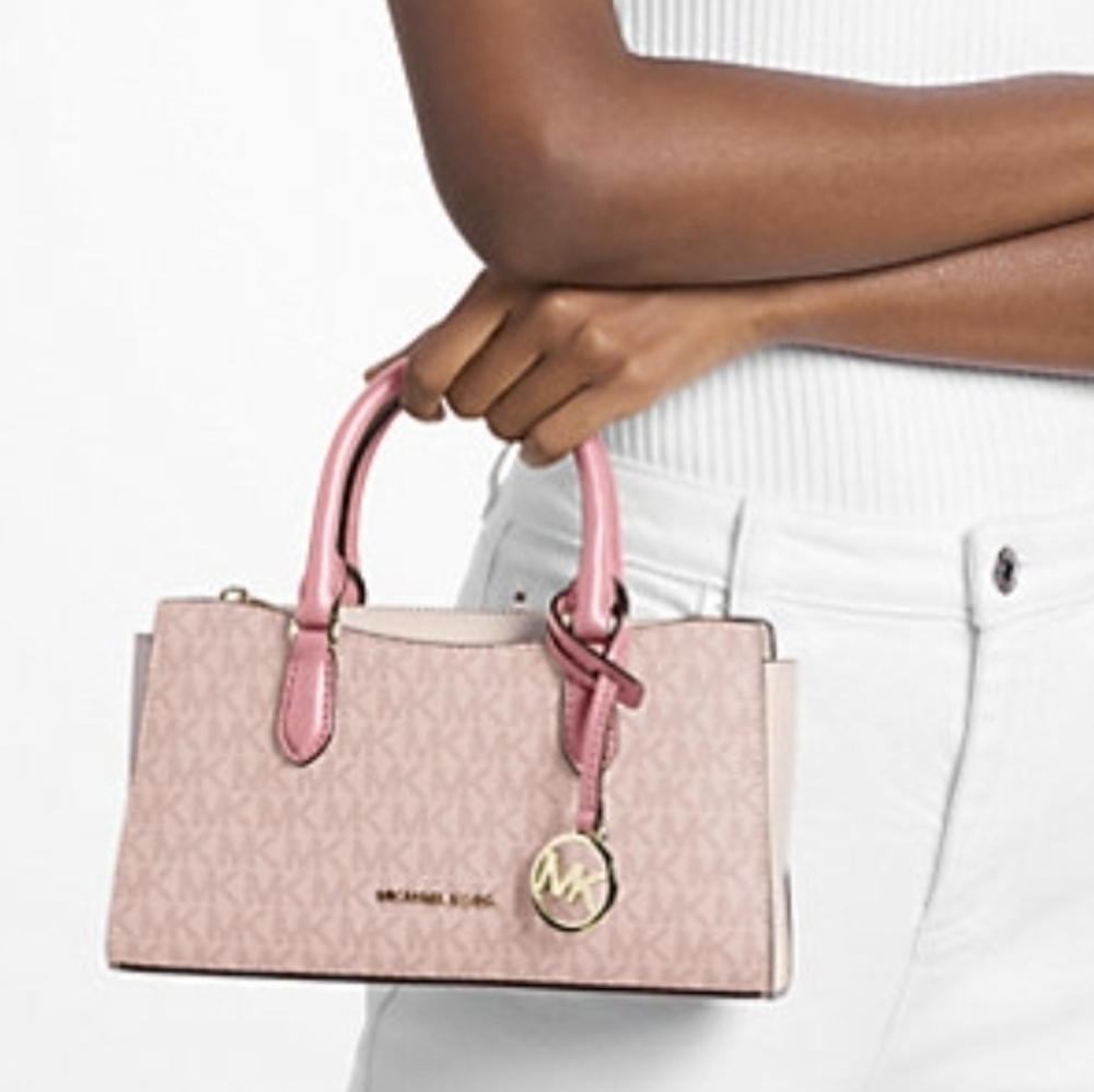 Michael Kors Pink Logo-Print Satchel with Gold Charm - Picture 3 of 4